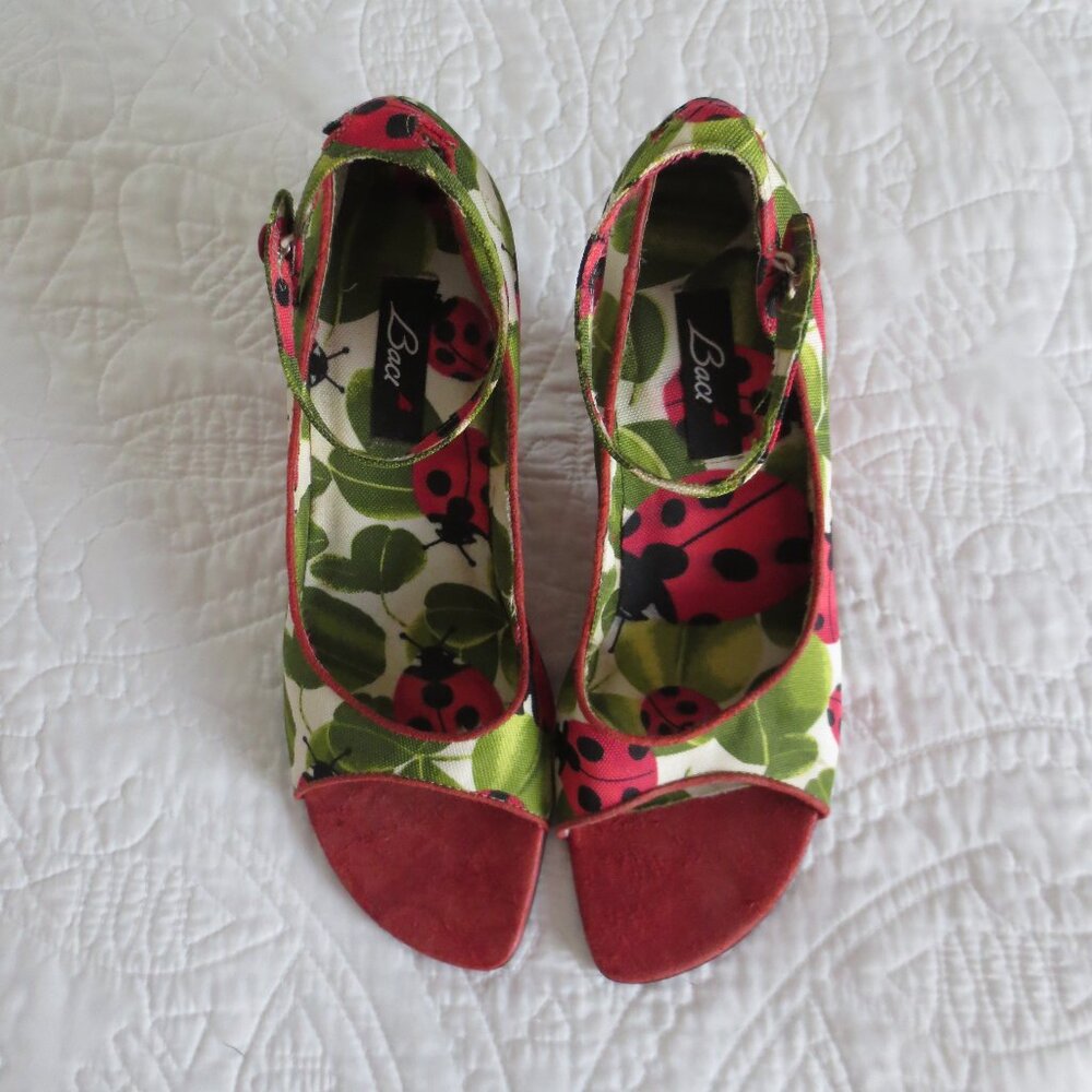 Vintage Baci Ladybug Red Suede & Fabric Peep-Toe Summer Wedges